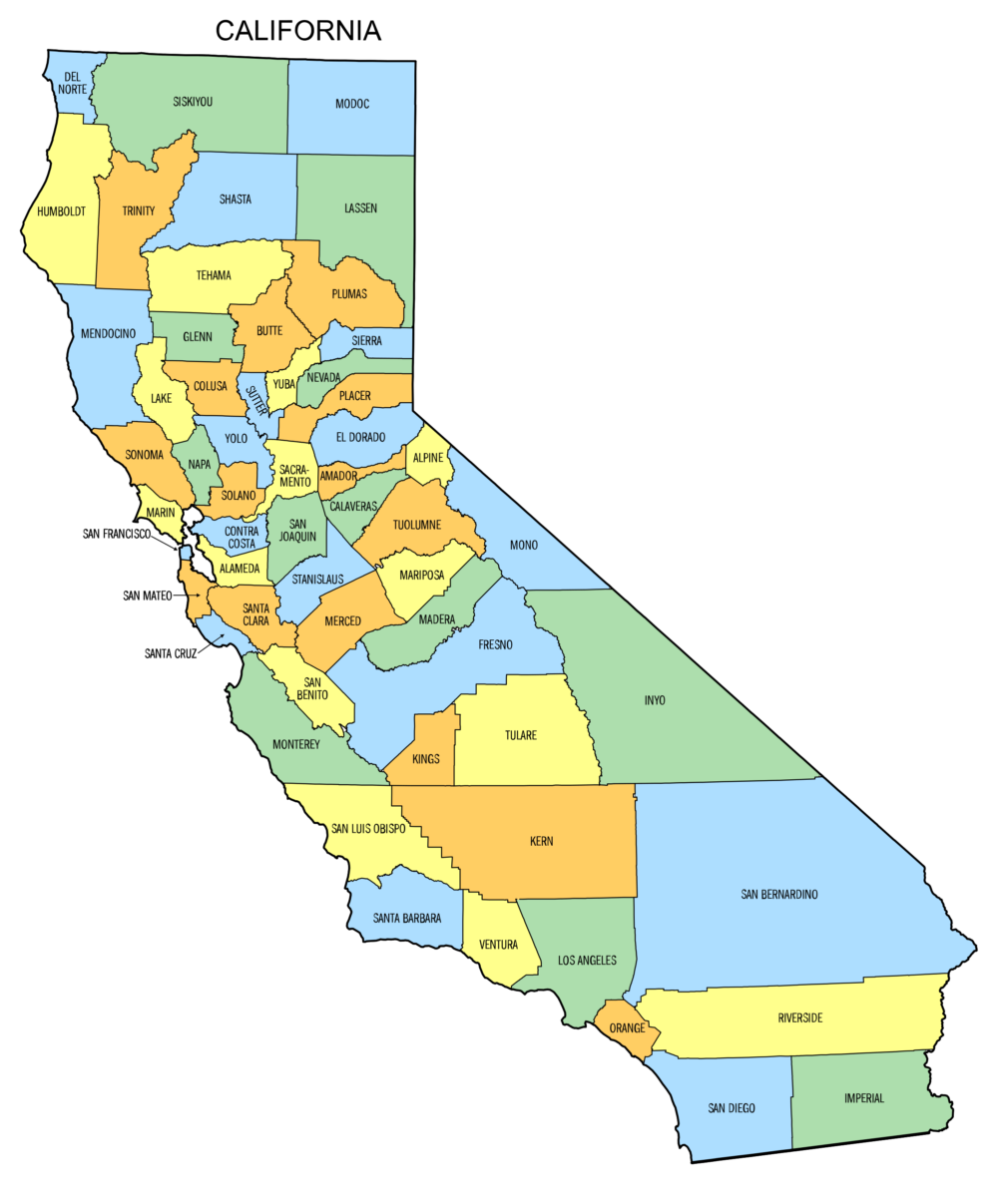 It is a map of California with zones of all the counties